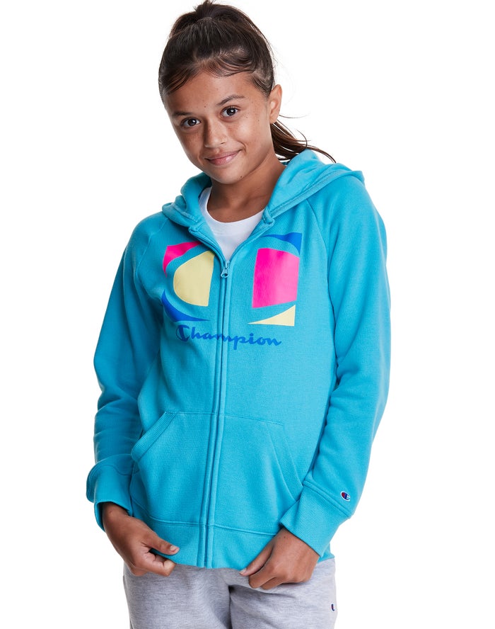 Champion Girls Hoodie NZ - Full Zip Colorblock C Logo Blue ( 6710-BZQIH )